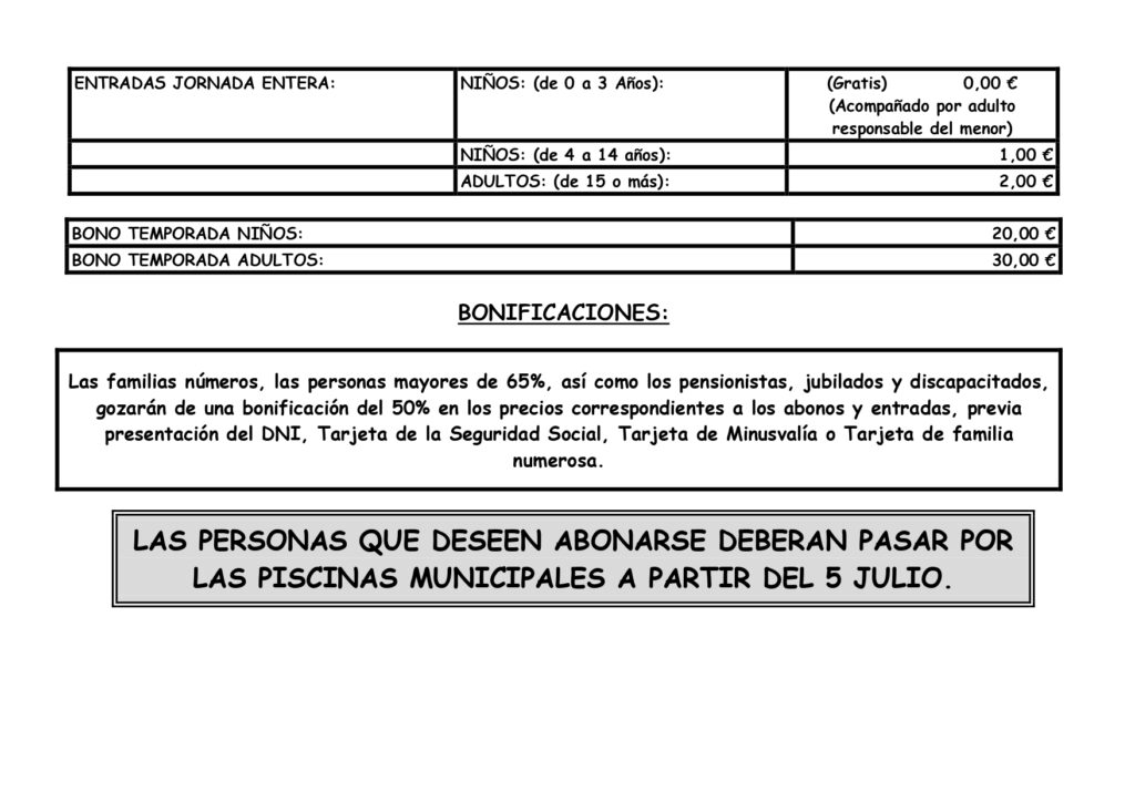 Detalle precios piscina municipal riego de la vega